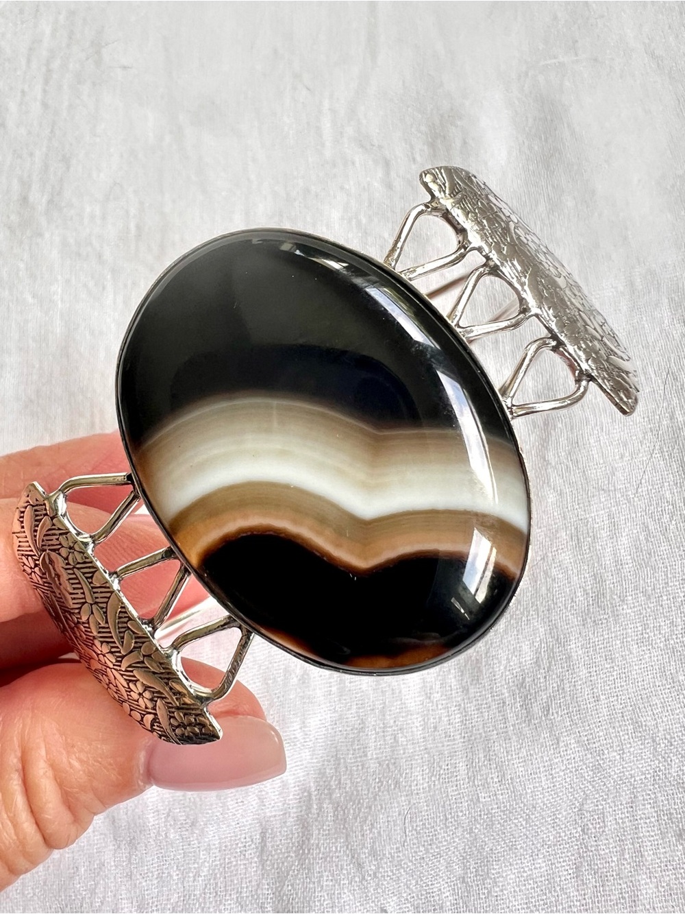925 Natures Shield Black Banded Onyx Cuff Bracelet